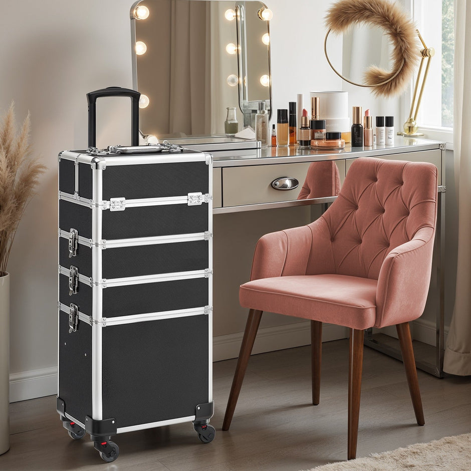 Makeup Trolley – Plastic – Black – Lockable, 4-in-1 Rolling Organizer with Universal Castors