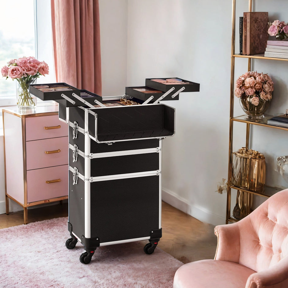 Makeup Trolley – Plastic – Black – Lockable, 4-in-1 Rolling Organizer with Universal Castors