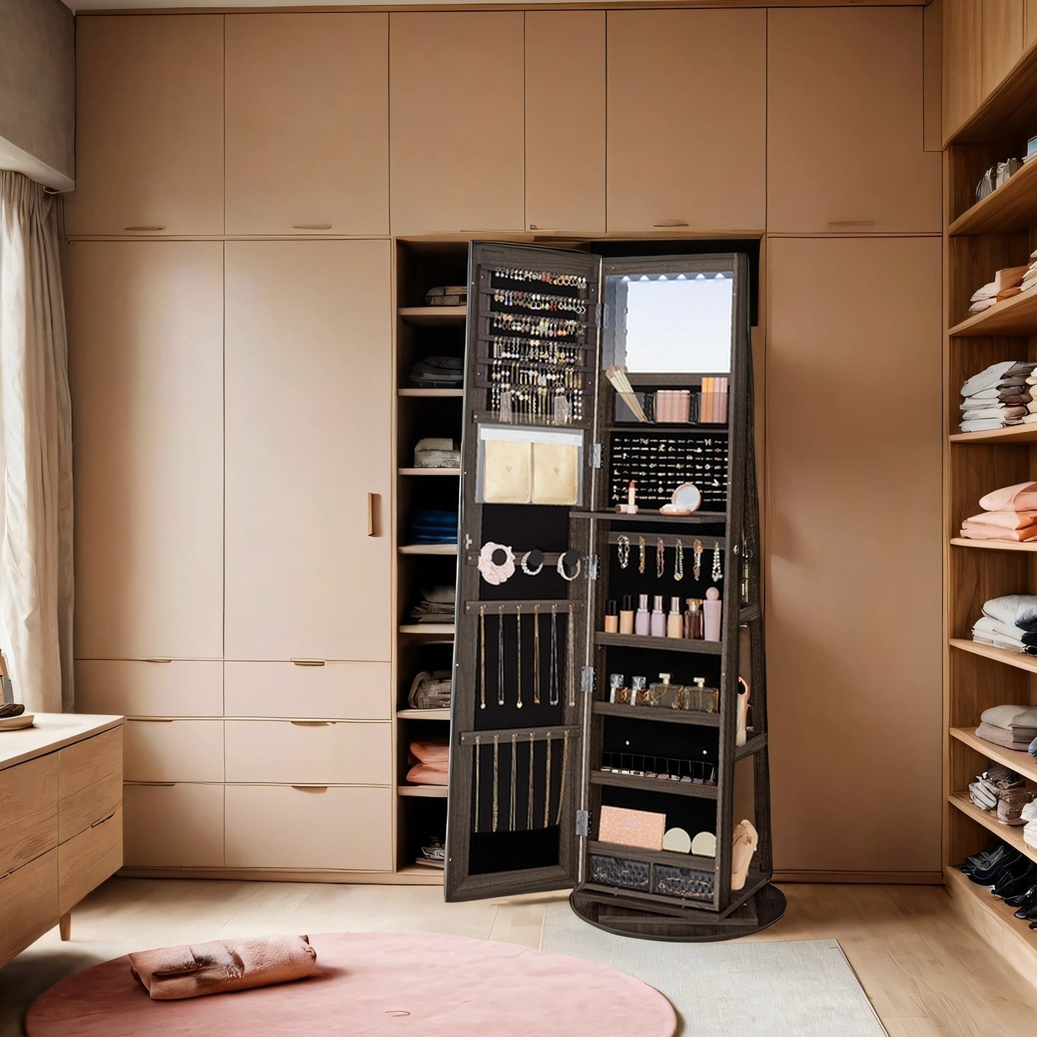 Jewellery Cabinet – Wood – Ash Brown and Black – 360° Rotating with Lockable Storage and Full-Length Mirror
