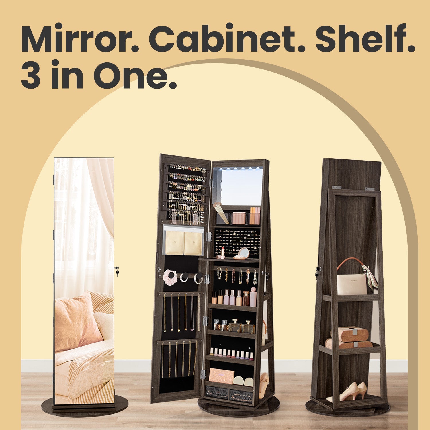 Jewellery Cabinet – Wood – Ash Brown and Black – 360° Rotating with Lockable Storage and Full-Length Mirror