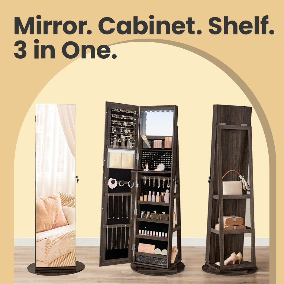 Jewellery Cabinet – Wood – Ash Brown and Black – 360° Rotating with Lockable Storage and Full-Length Mirror