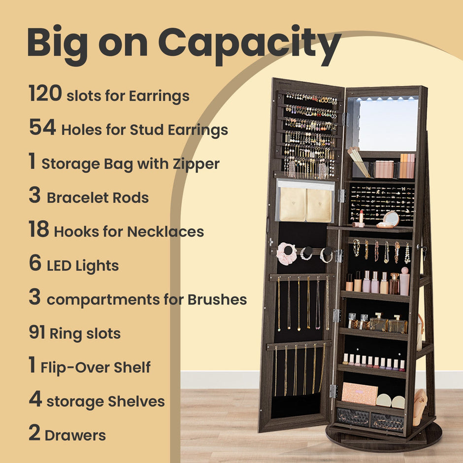 Jewellery Cabinet – Wood – Ash Brown and Black – 360° Rotating with Lockable Storage and Full-Length Mirror