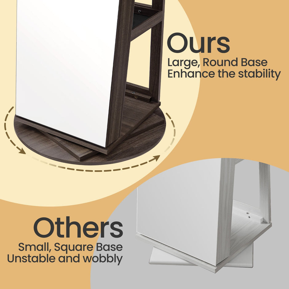 Jewellery Cabinet – Wood – Ash Brown and Black – 360° Rotating with Lockable Storage and Full-Length Mirror