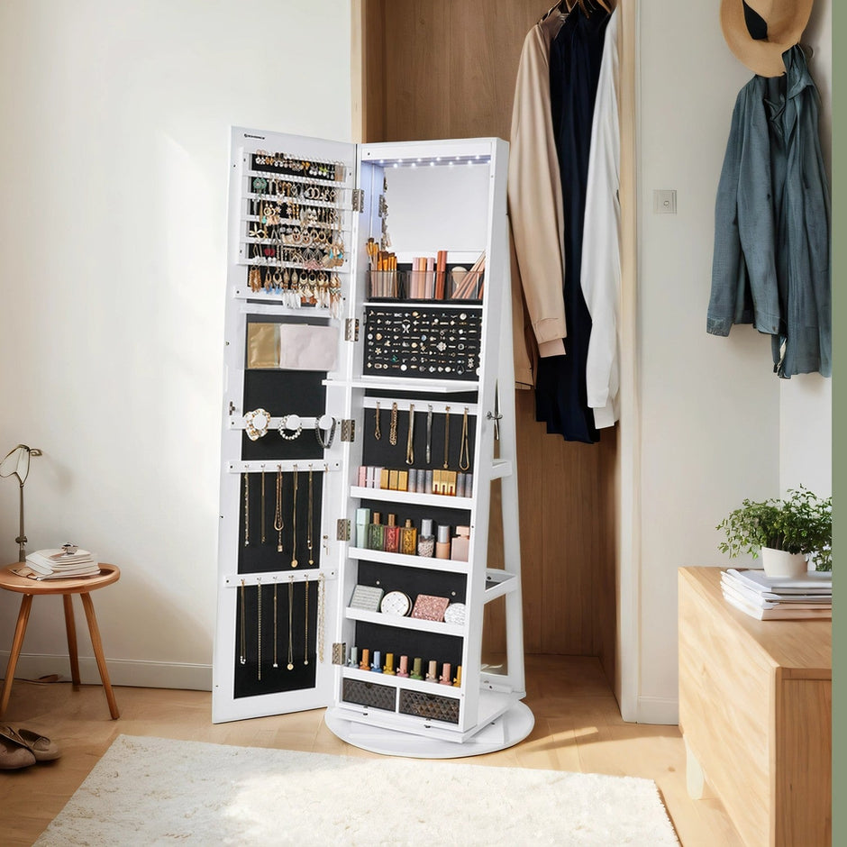 Jewellery Cabinet – Wood – Rustic Brown and Black – 360° Rotating and Lockable with Full-Length Mirror