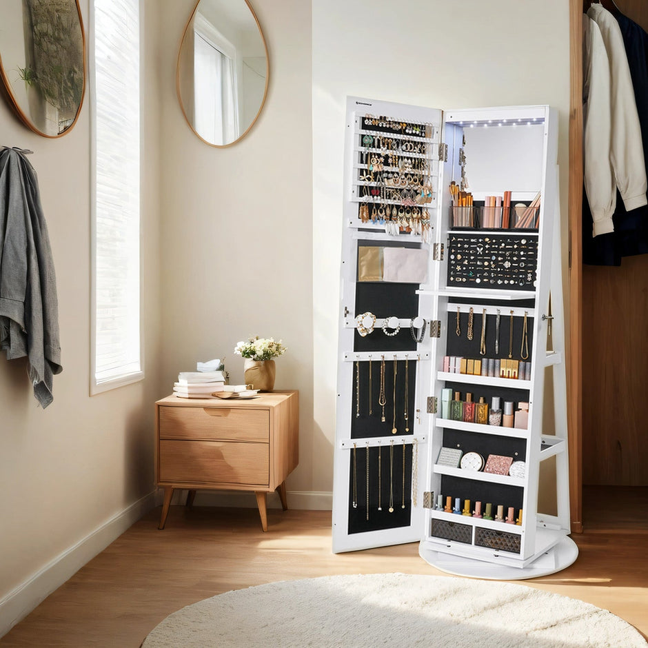 Jewellery Cabinet – Wood – Rustic Brown and Black – 360° Rotating and Lockable with Full-Length Mirror