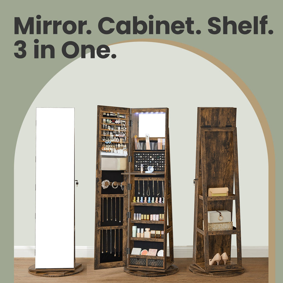 Jewellery Cabinet – Wood – Rustic Brown and Black – 360° Rotating and Lockable with Full-Length Mirror