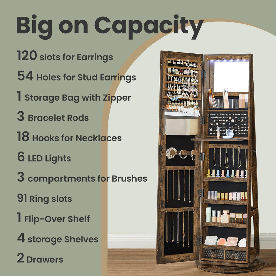 Jewellery Cabinet – Wood – Rustic Brown and Black – 360° Rotating and Lockable with Full-Length Mirror