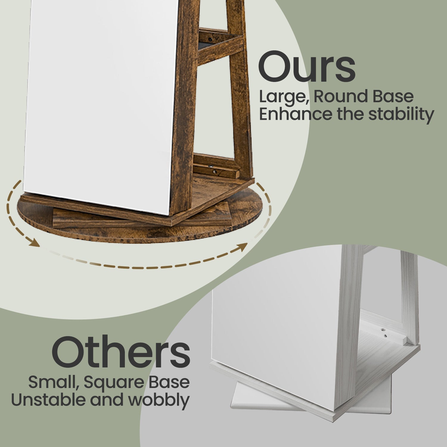 Jewellery Cabinet – Wood – Rustic Brown and Black – 360° Rotating and Lockable with Full-Length Mirror