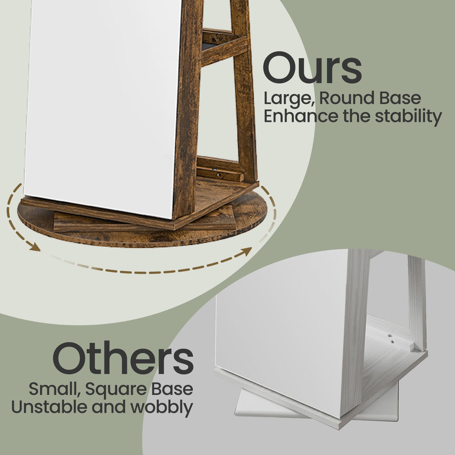 Jewellery Cabinet – Wood – Rustic Brown and Black – 360° Rotating and Lockable with Full-Length Mirror