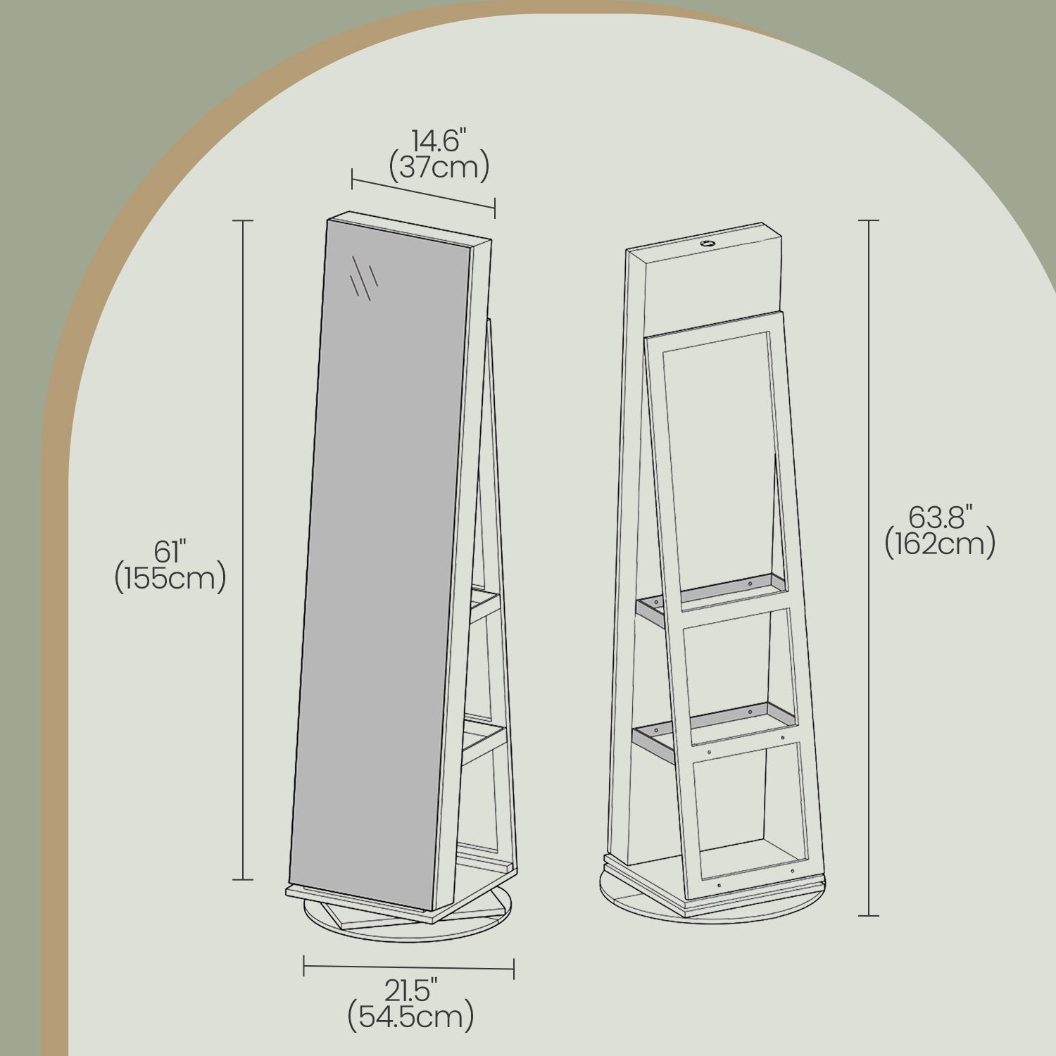 Jewellery Cabinet – Wood – Rustic Brown and Black – 360° Rotating and Lockable with Full-Length Mirror