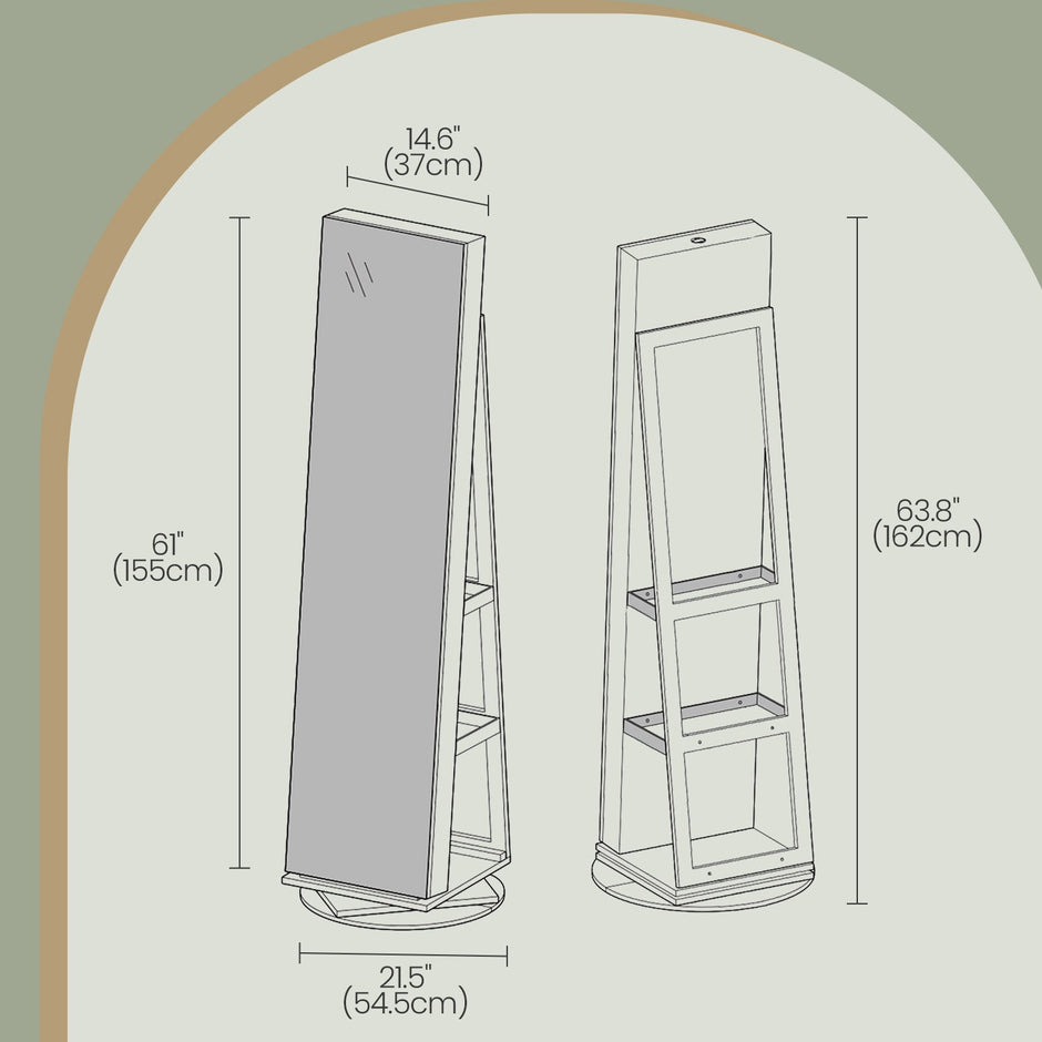 Jewellery Cabinet – Wood – Rustic Brown and Black – 360° Rotating and Lockable with Full-Length Mirror
