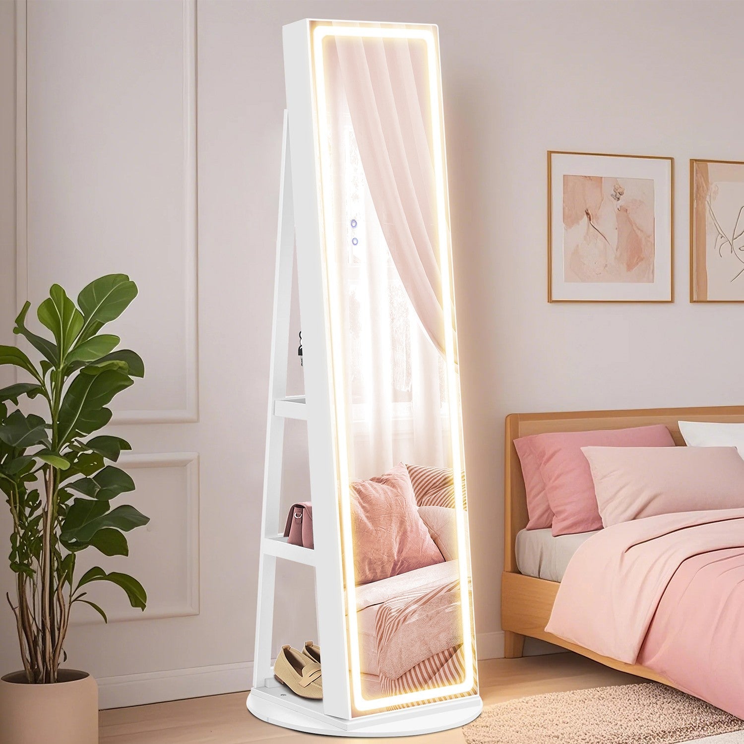 Jewellery Cabinet – Wood – Cloud White – Lockable with LED Lights and Full-Length Mirror