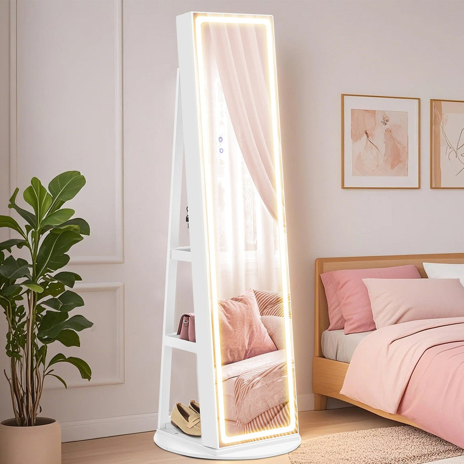 Jewellery Cabinet – Wood – Cloud White – Lockable with LED Lights and Full-Length Mirror