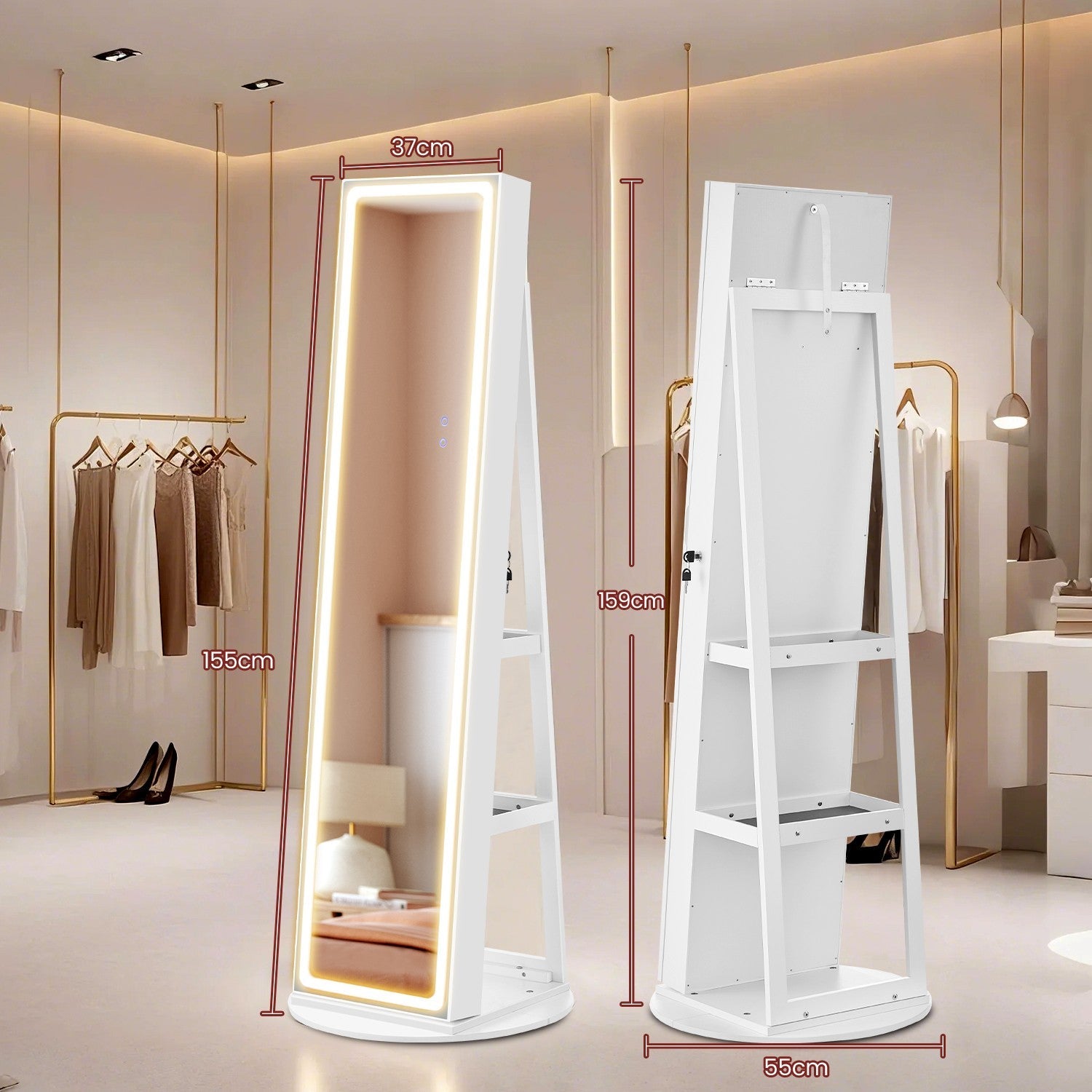 Jewellery Cabinet – Wood – Cloud White – Lockable with LED Lights and Full-Length Mirror