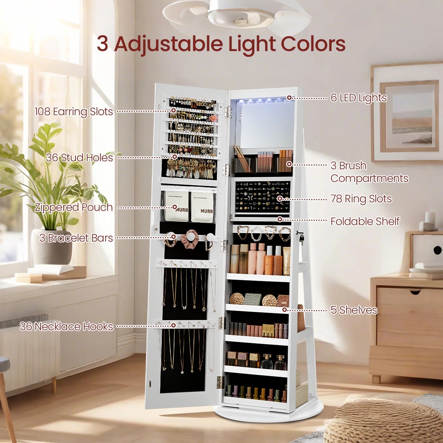 Jewellery Cabinet – Wood – Cloud White – Lockable with LED Lights and Full-Length Mirror