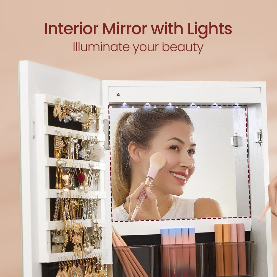 Jewellery Cabinet – Wood – Cloud White – Lockable with LED Lights and Full-Length Mirror