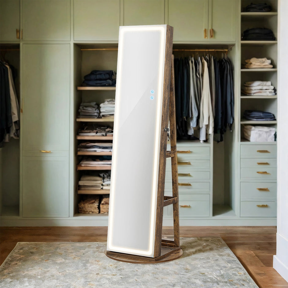 Jewellery Cabinet – MDF – Brown – Lockable with Full-Length Mirror and LED Lights