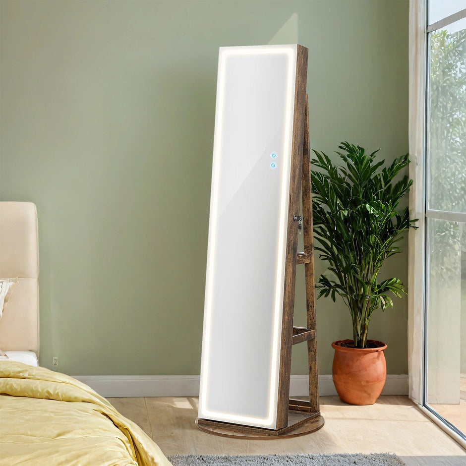 Jewellery Cabinet – MDF – Brown – Lockable with Full-Length Mirror and LED Lights