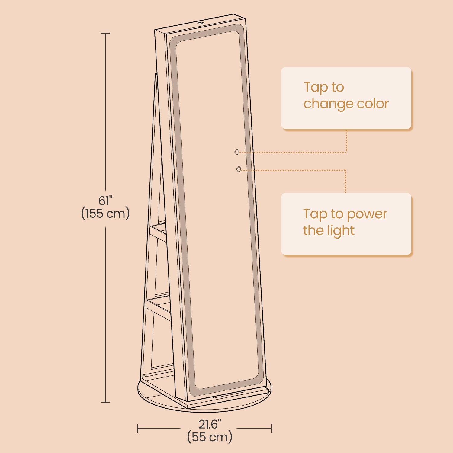 Jewellery Cabinet – MDF – Brown – Lockable with Full-Length Mirror and LED Lights