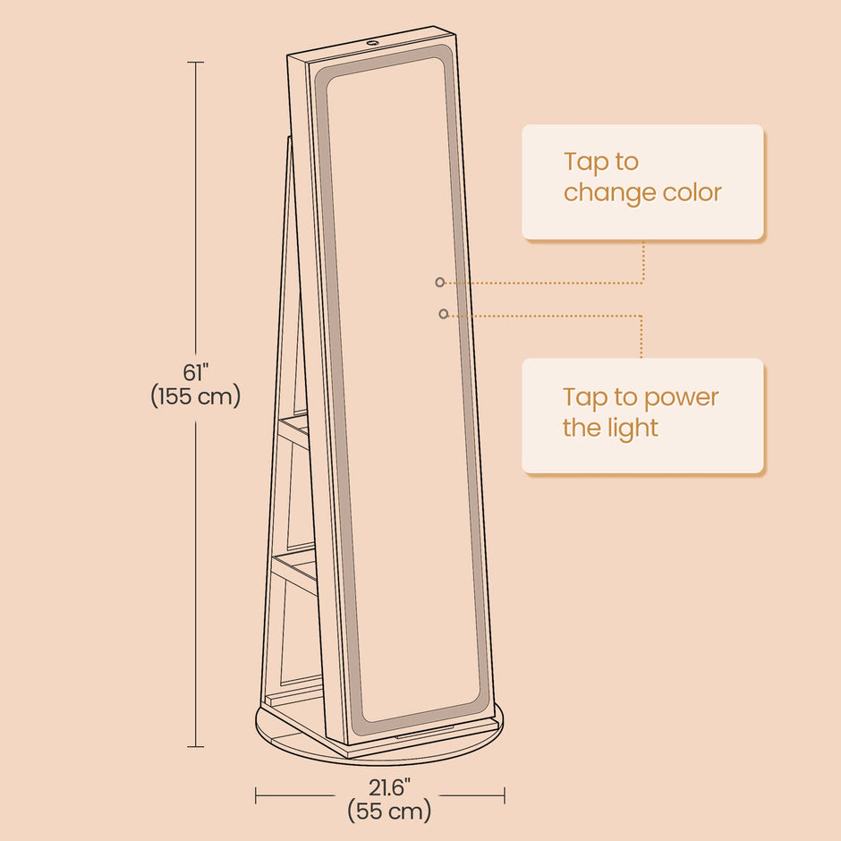 Jewellery Cabinet – MDF – Brown – Lockable with Full-Length Mirror and LED Lights