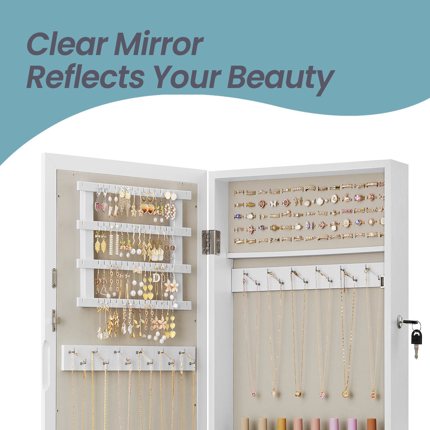 Lockable Jewellery Cabinet – Wood – White – Wall-Mounted with Mirror and Space-Saving Design
