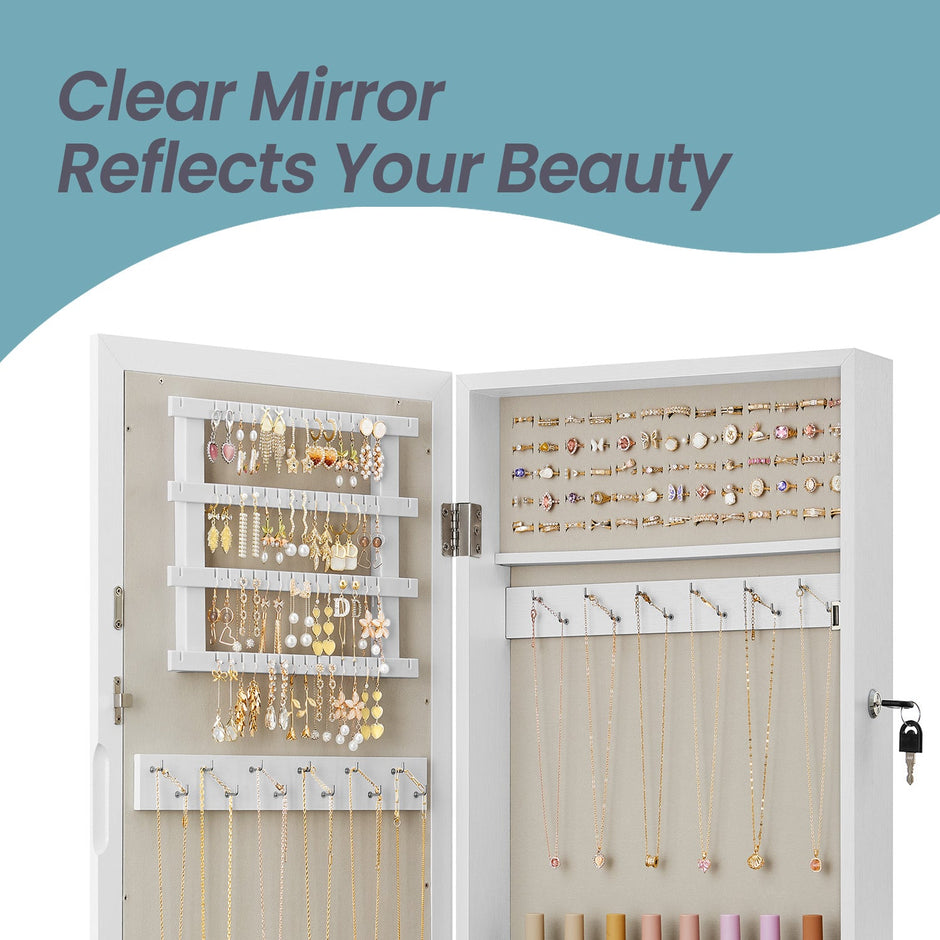 Lockable Jewellery Cabinet – Wood – White – Wall-Mounted with Mirror and Space-Saving Design