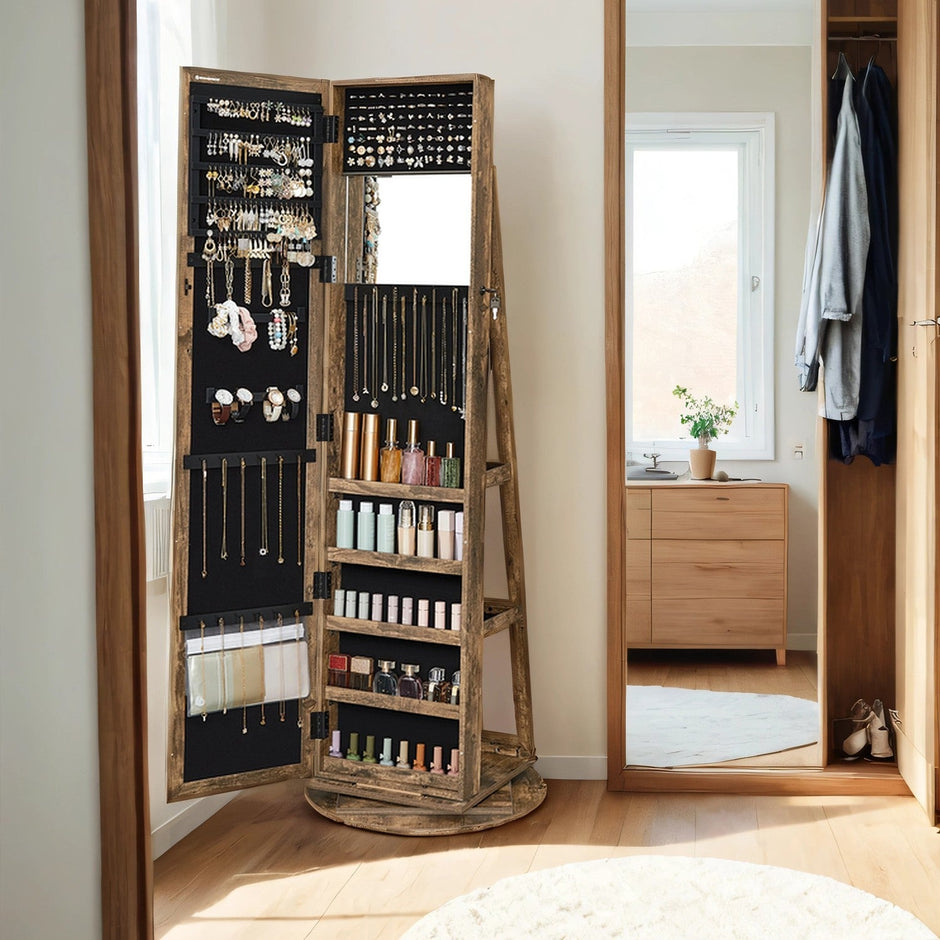 Jewellery Cabinet – Wood – White with Greyish Wood Grain – Full-Length Mirror with 360° Swivel