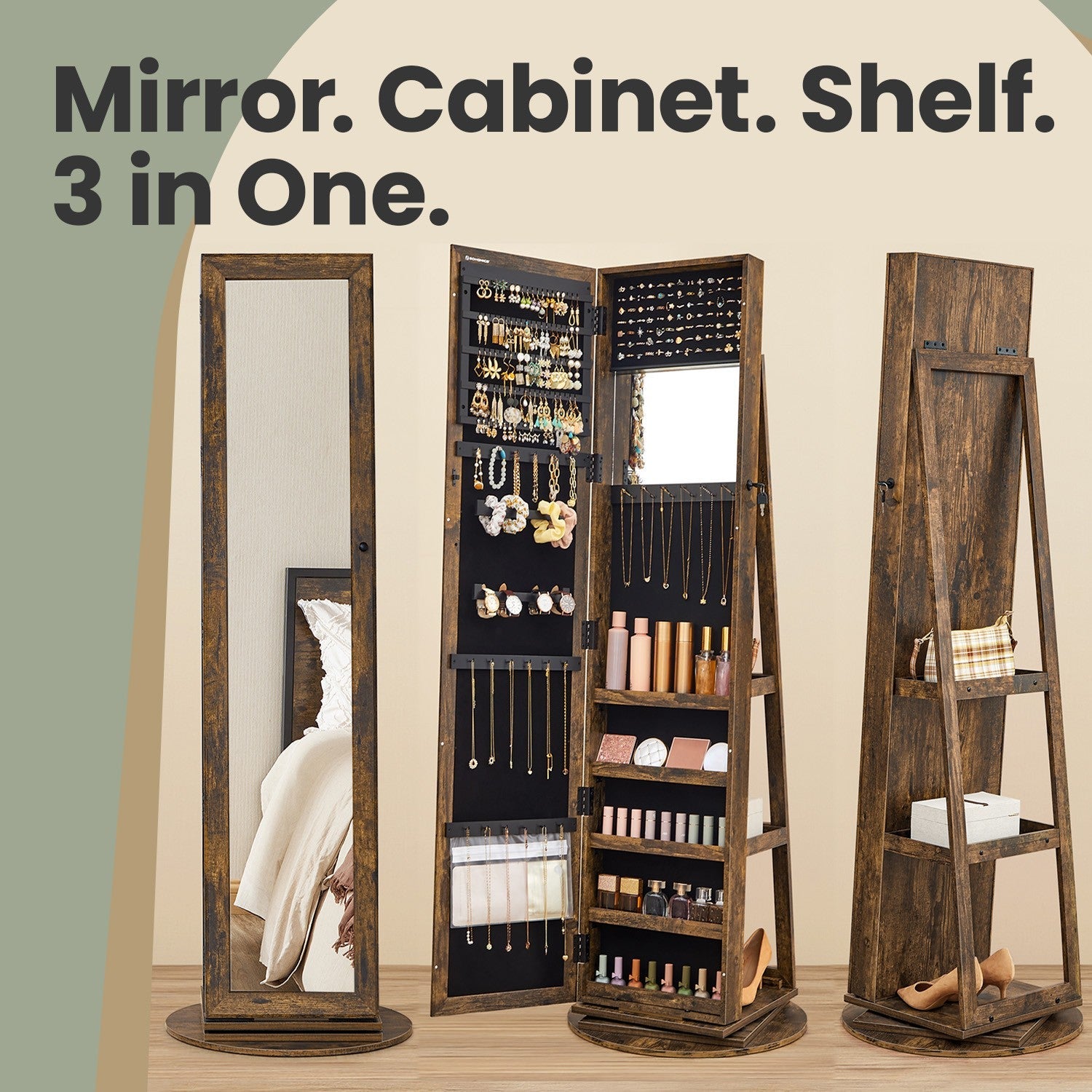 Jewellery Cabinet – Wood – White with Greyish Wood Grain – Full-Length Mirror with 360° Swivel