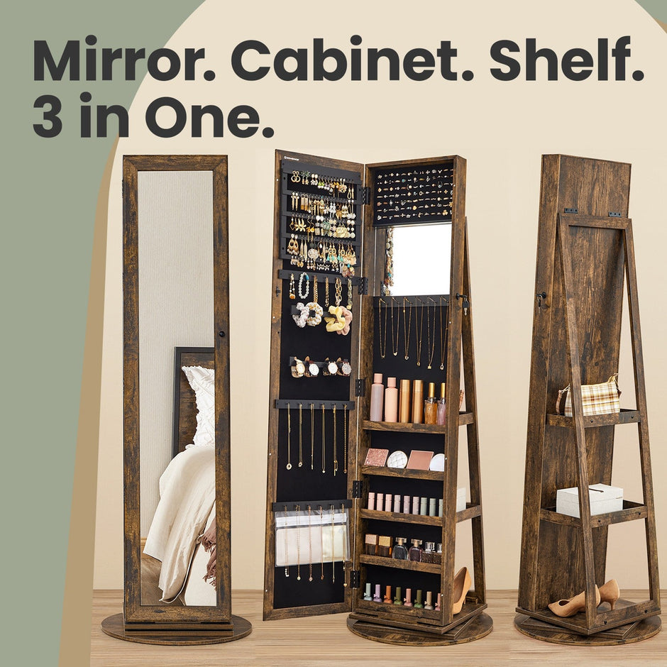 Jewellery Cabinet – Wood – White with Greyish Wood Grain – Full-Length Mirror with 360° Swivel