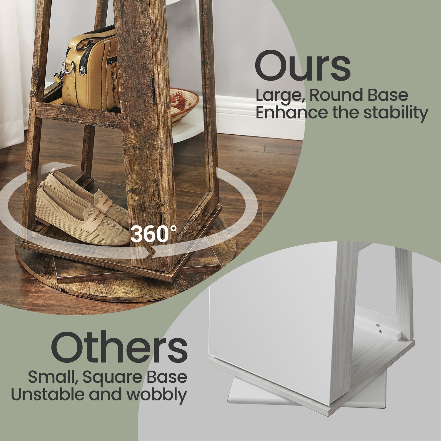 Jewellery Cabinet – Wood – White with Greyish Wood Grain – Full-Length Mirror with 360° Swivel