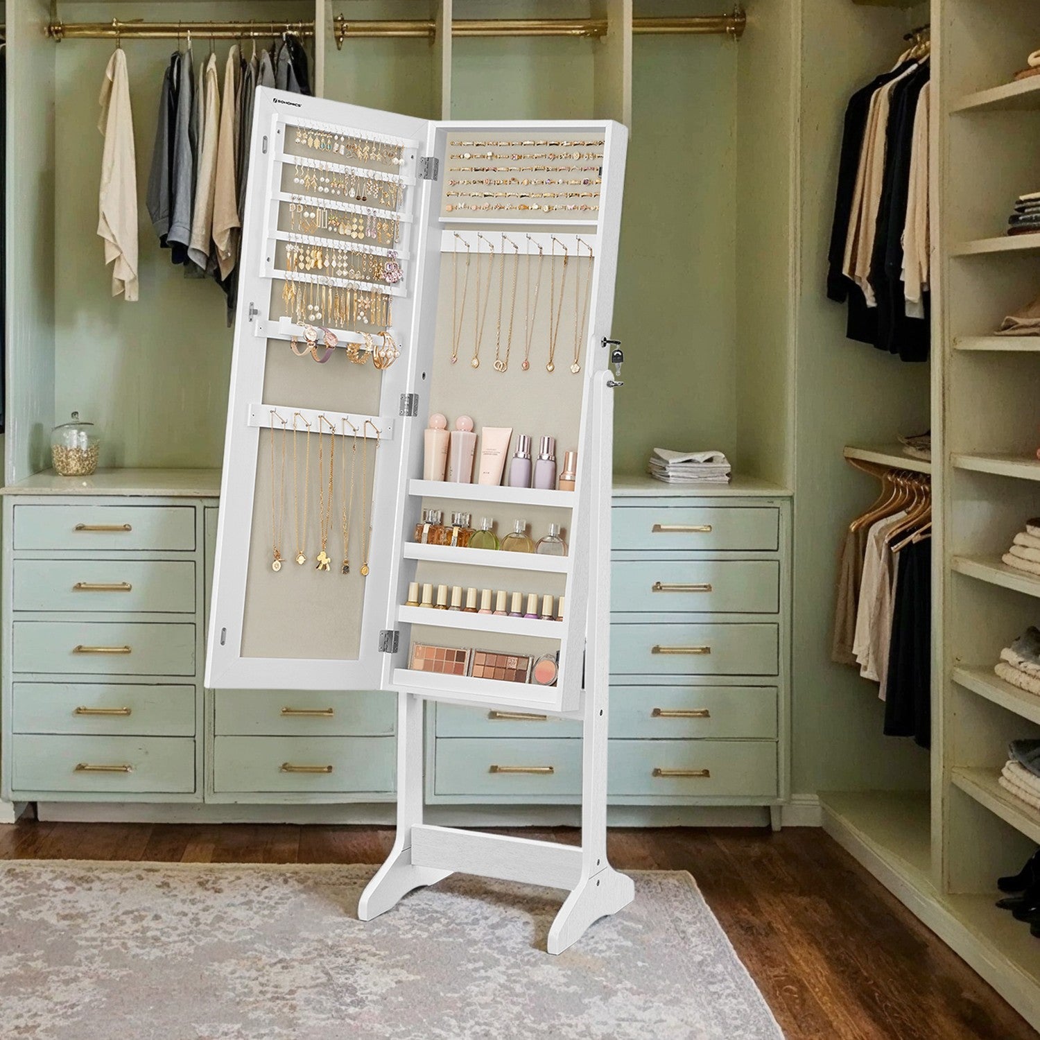 Jewellery Cabinet Armoire – MDF – Brown – Lockable with Full-Length Mirror