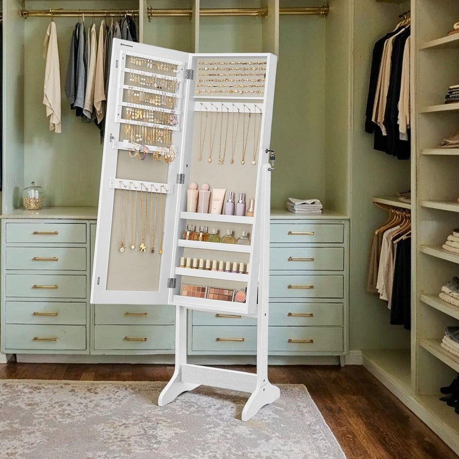 Jewellery Cabinet Armoire – MDF – Brown – Lockable with Full-Length Mirror