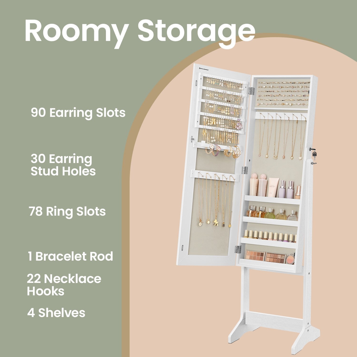 Jewellery Cabinet Armoire – MDF – Brown – Lockable with Full-Length Mirror