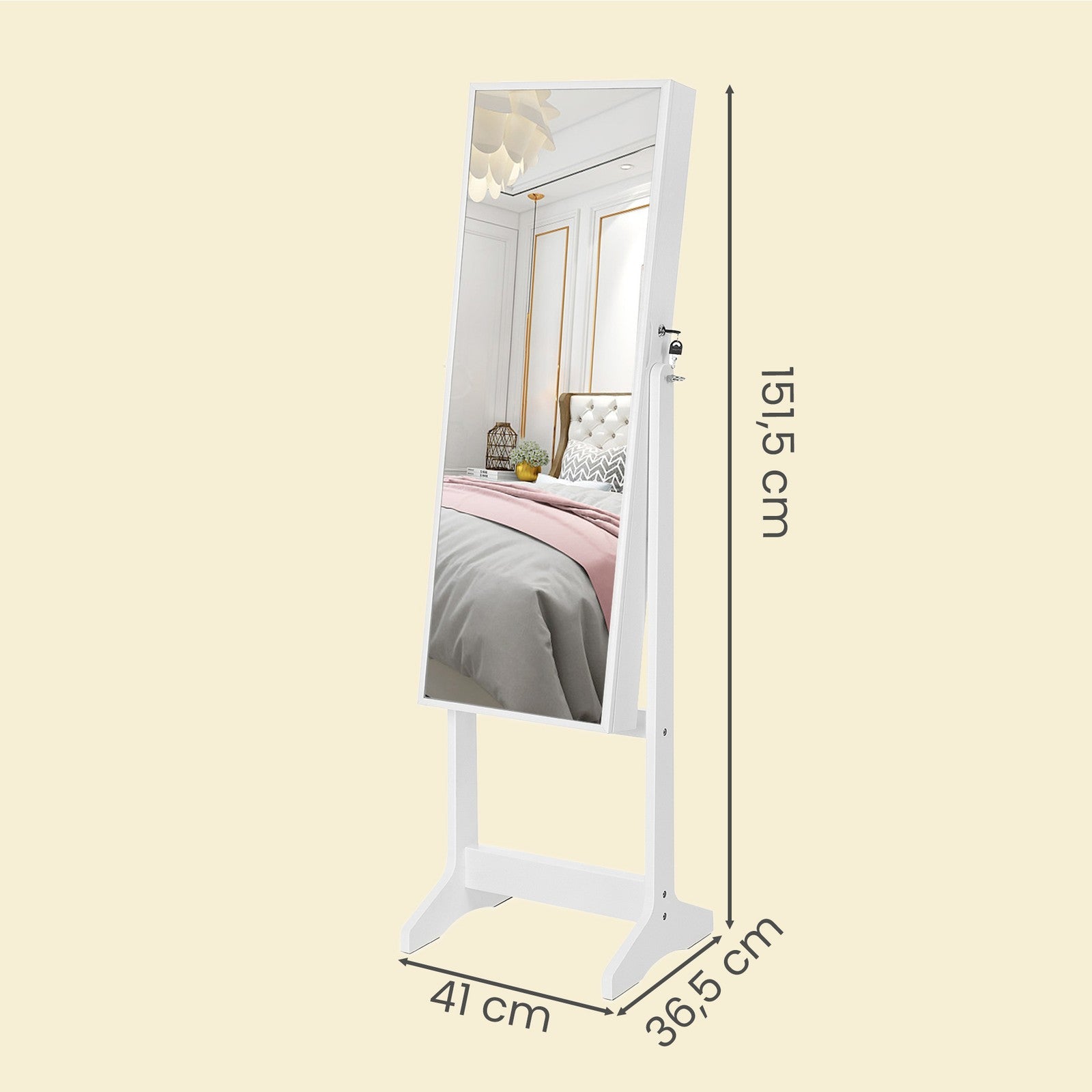 Jewellery Storage Cabinet – Wood – Black and White – Lockable with Full-Length Mirror