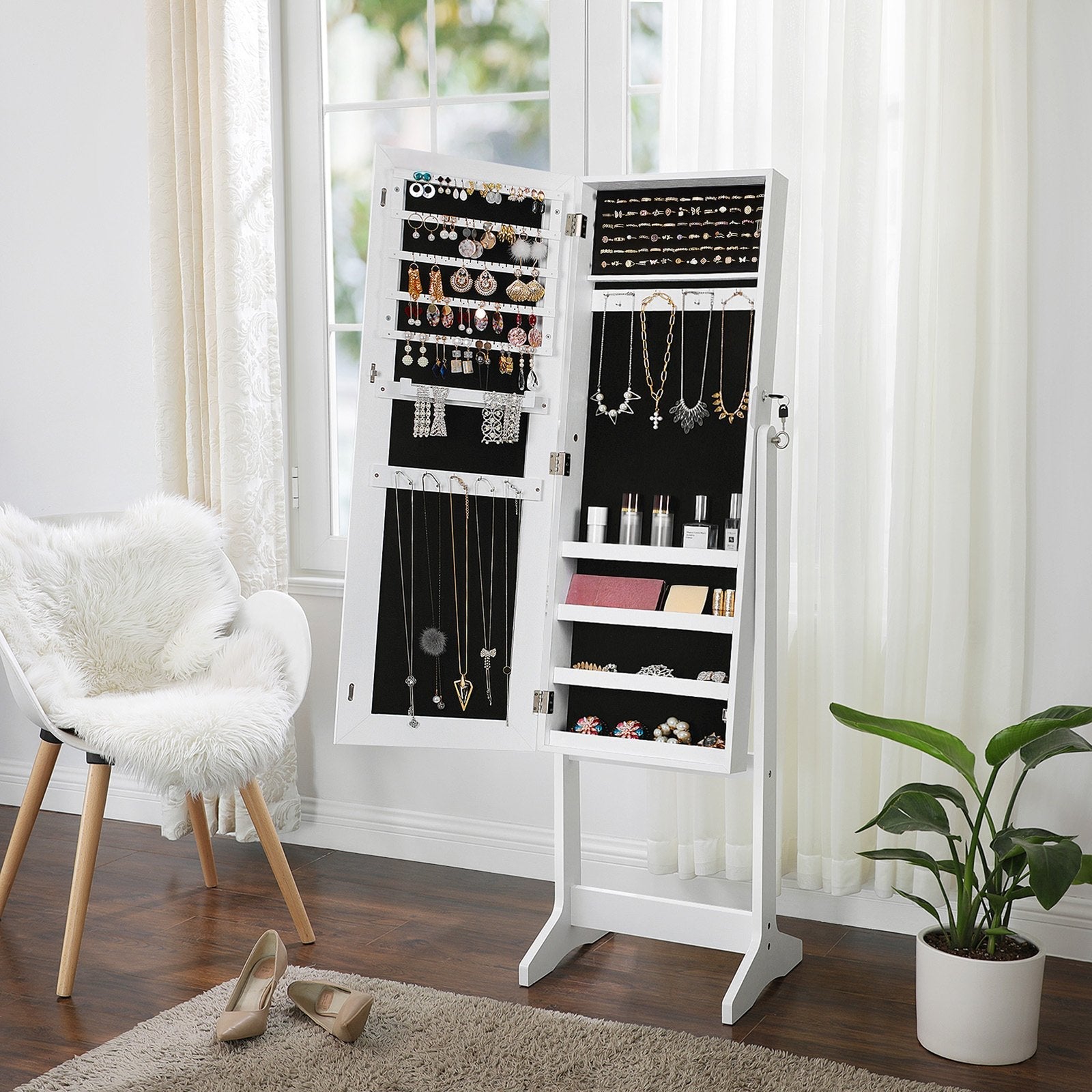 Jewellery Storage Cabinet – Wood – Black and White – Lockable with Full-Length Mirror