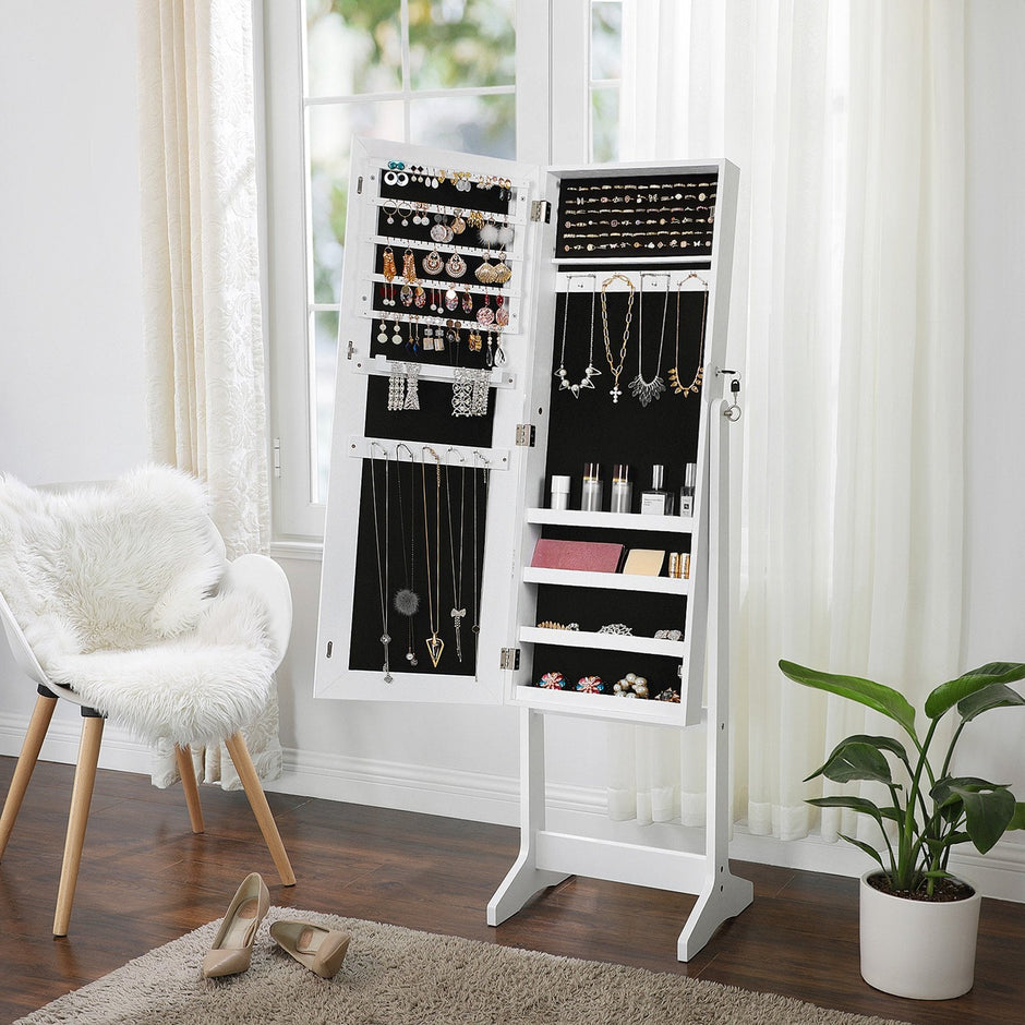 Jewellery Storage Cabinet – Wood – Black and White – Lockable with Full-Length Mirror