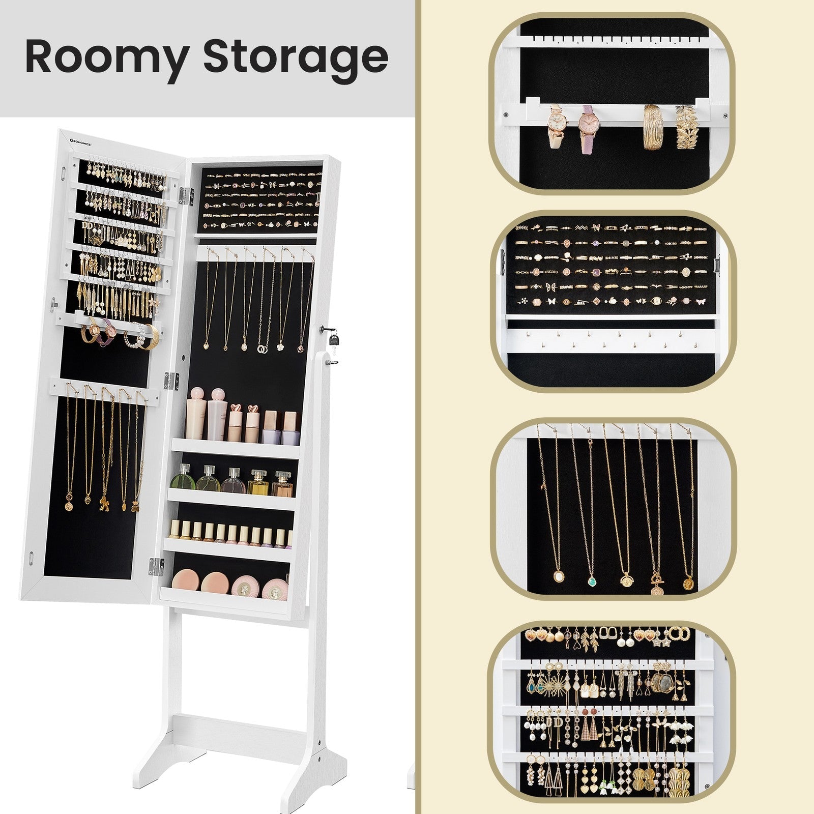 Jewellery Storage Cabinet – Wood – Black and White – Lockable with Full-Length Mirror