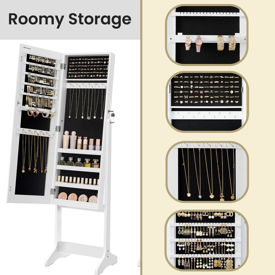 Jewellery Storage Cabinet – Wood – Black and White – Lockable with Full-Length Mirror