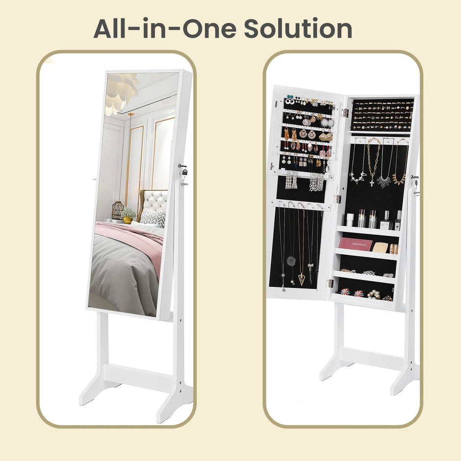 Jewellery Storage Cabinet – Wood – Black and White – Lockable with Full-Length Mirror