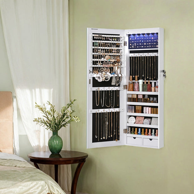 Wall-Mounted Jewelry Cabinet – Mirror – White – LED Lighted with Large Capacity and Drawers