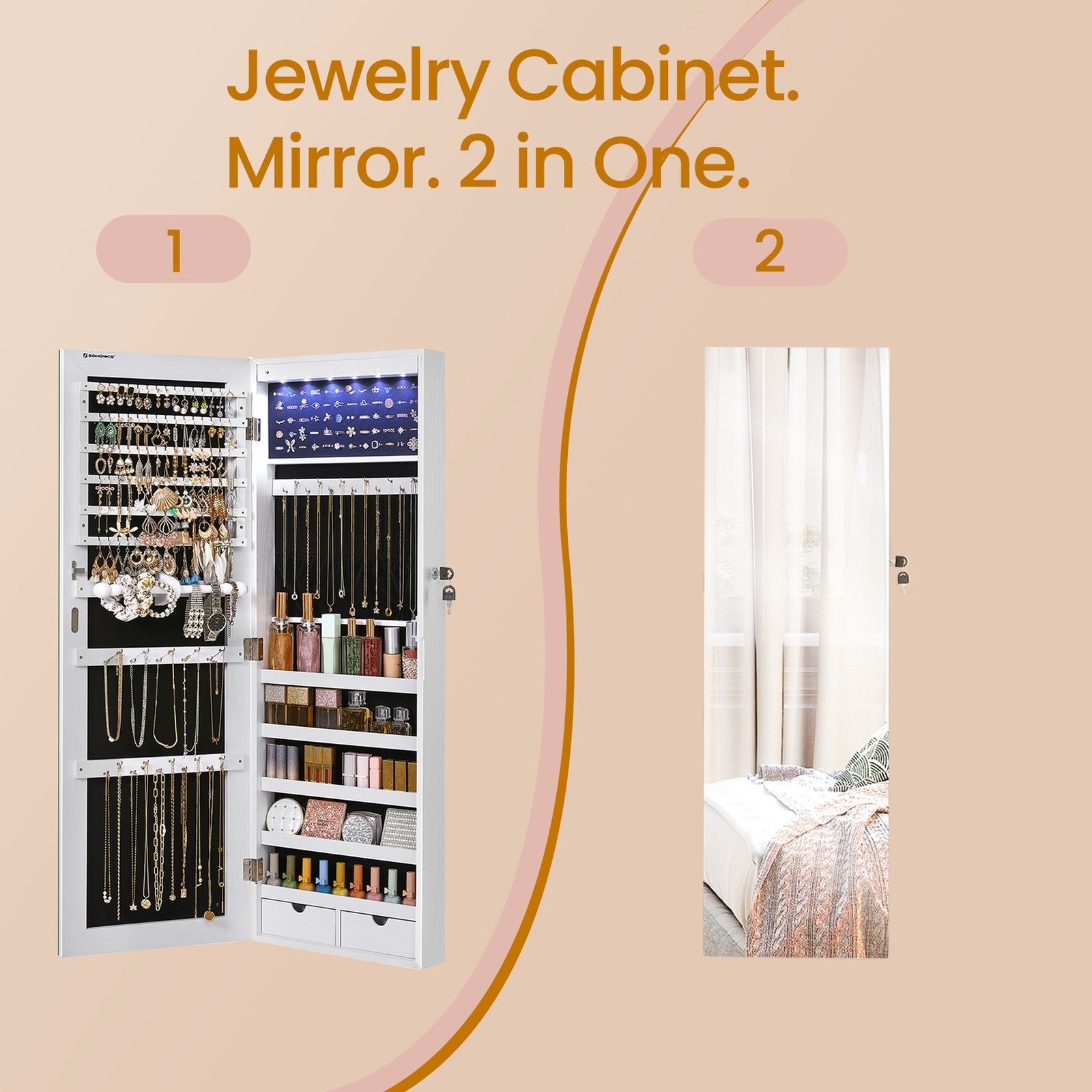 Wall-Mounted Jewelry Cabinet – Mirror – White – LED Lighted with Large Capacity and Drawers