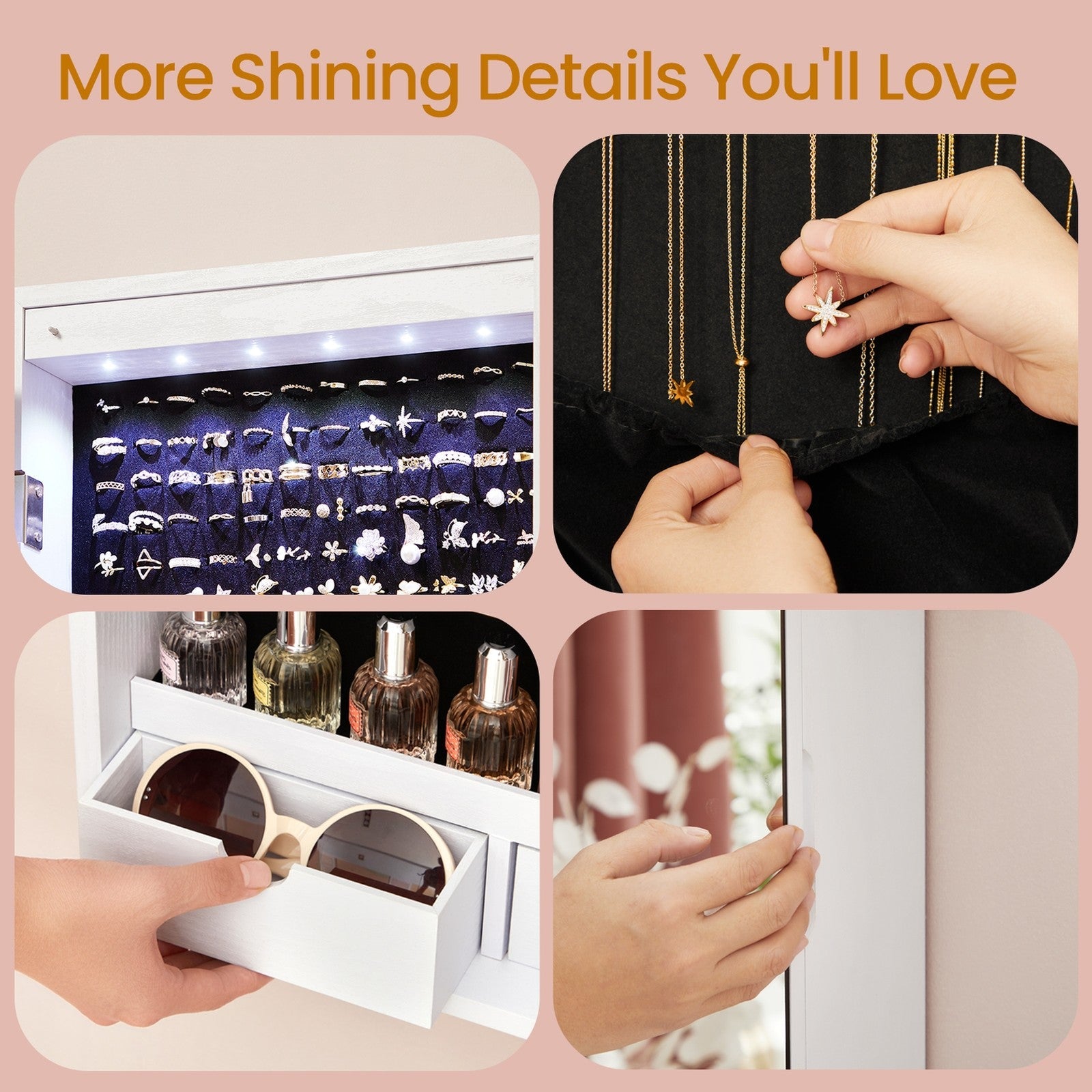 Wall-Mounted Jewelry Cabinet – Mirror – White – LED Lighted with Large Capacity and Drawers