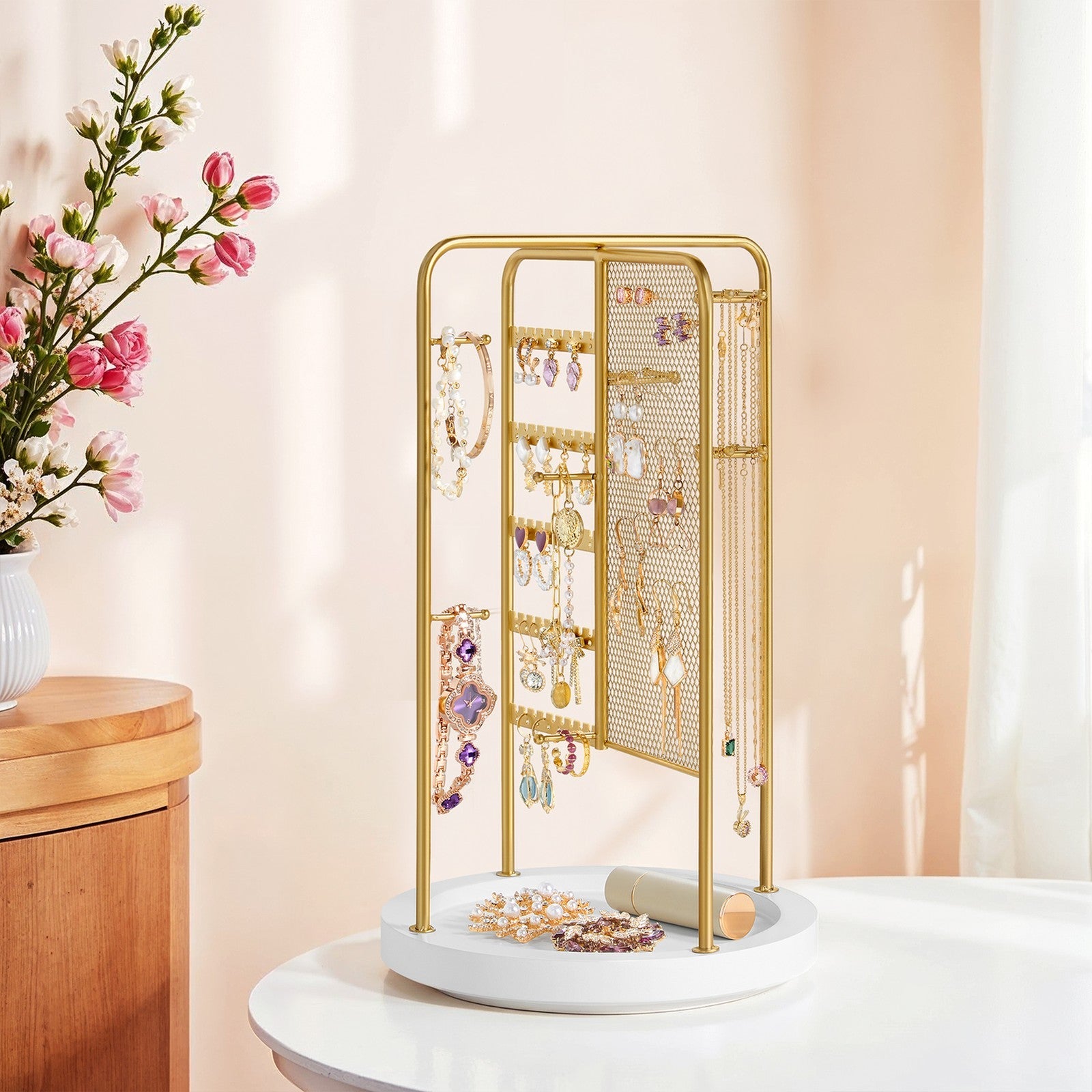 Rotating Jewellery Display Stand – Metal – Gold – 4 Independent Sections with Bottom Tray
