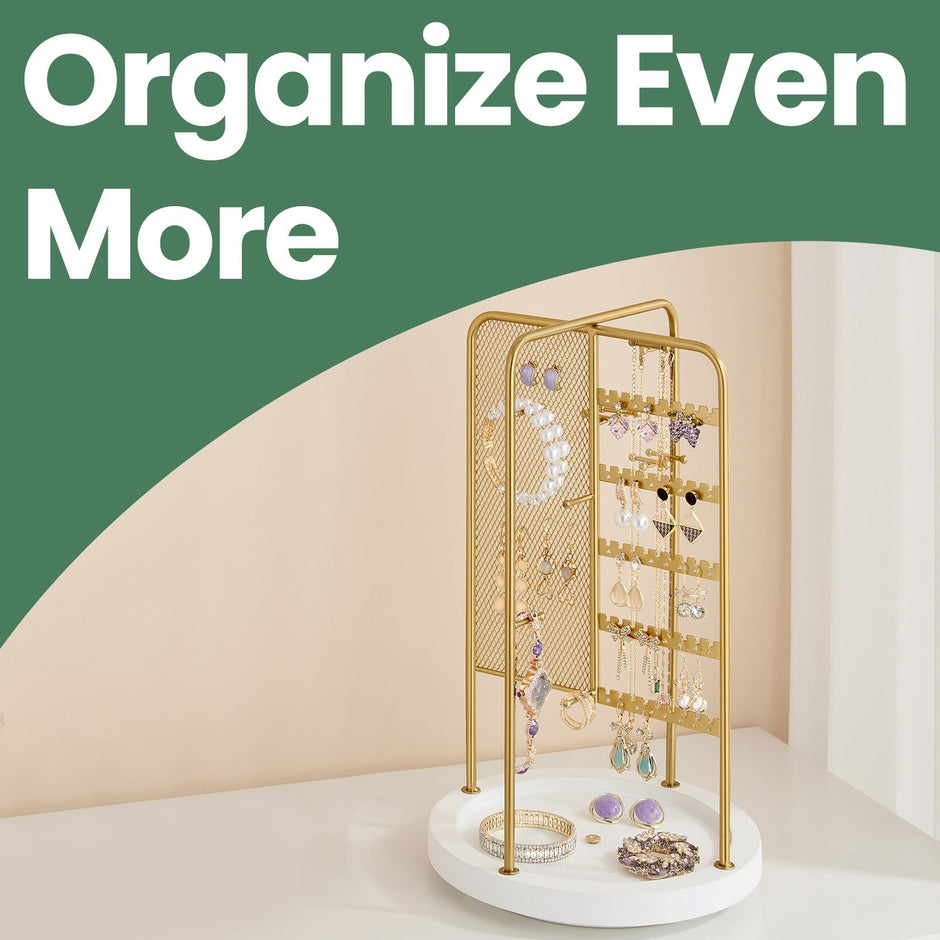 Rotating Jewellery Display Stand – Metal – Gold – 4 Independent Sections with Bottom Tray