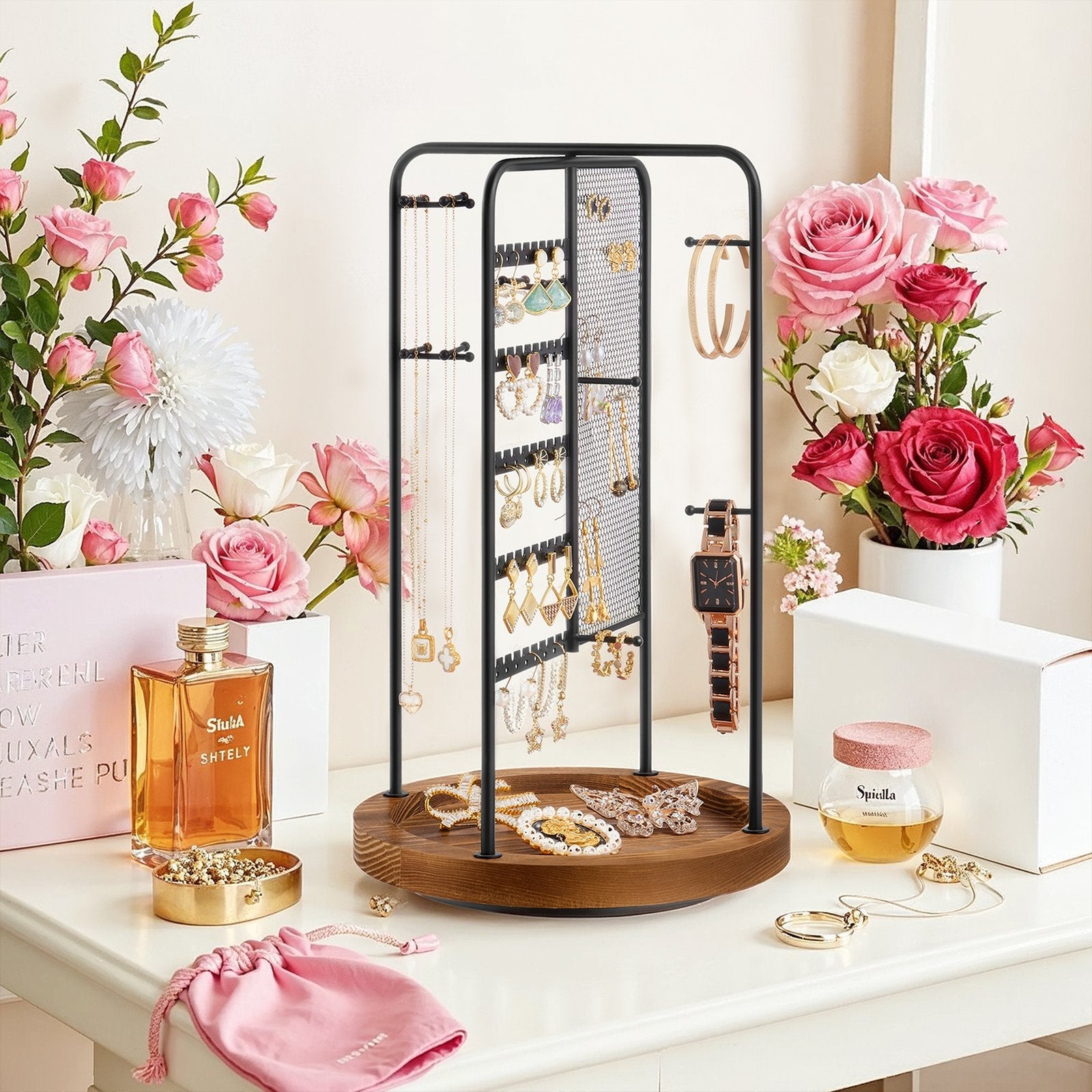 Rotating Jewellery Display Stand – Metal – Black – 4 Independent Sections with Bottom Tray