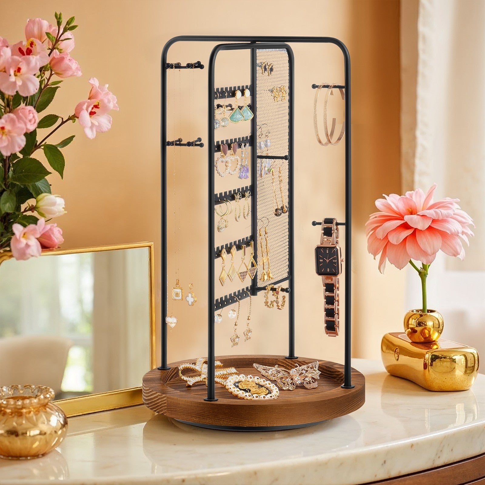 Rotating Jewellery Display Stand – Metal – Black – 4 Independent Sections with Bottom Tray