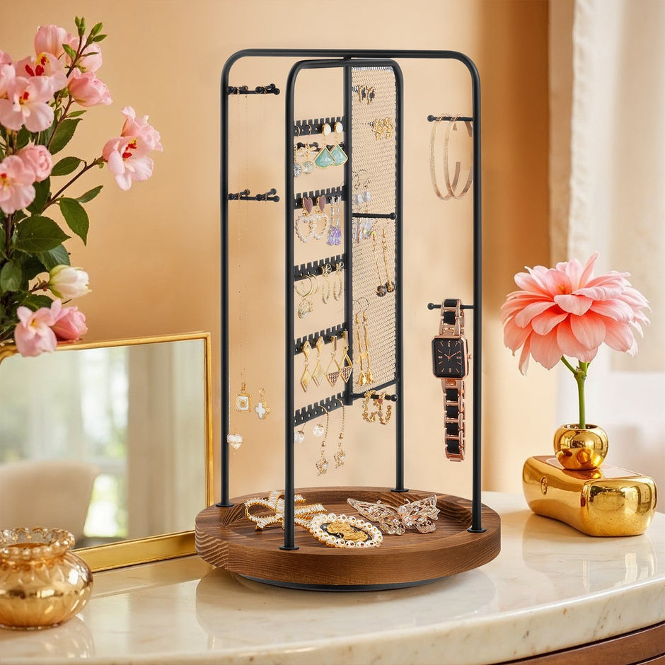 Rotating Jewellery Display Stand – Metal – Black – 4 Independent Sections with Bottom Tray