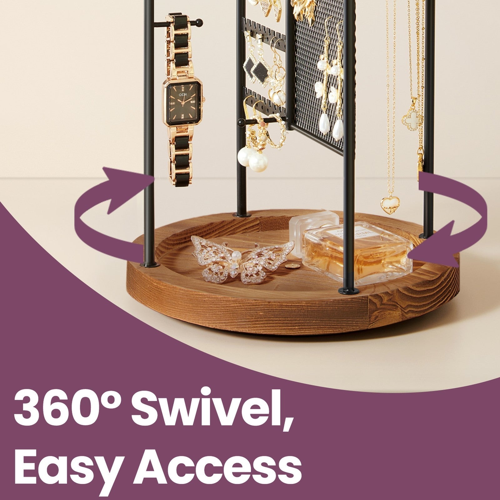Rotating Jewellery Display Stand – Metal – Black – 4 Independent Sections with Bottom Tray