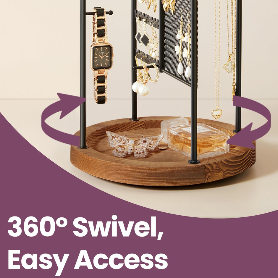 Rotating Jewellery Display Stand – Metal – Black – 4 Independent Sections with Bottom Tray