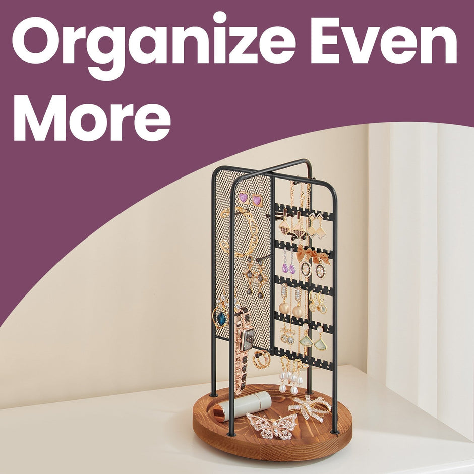 Rotating Jewellery Display Stand – Metal – Black – 4 Independent Sections with Bottom Tray